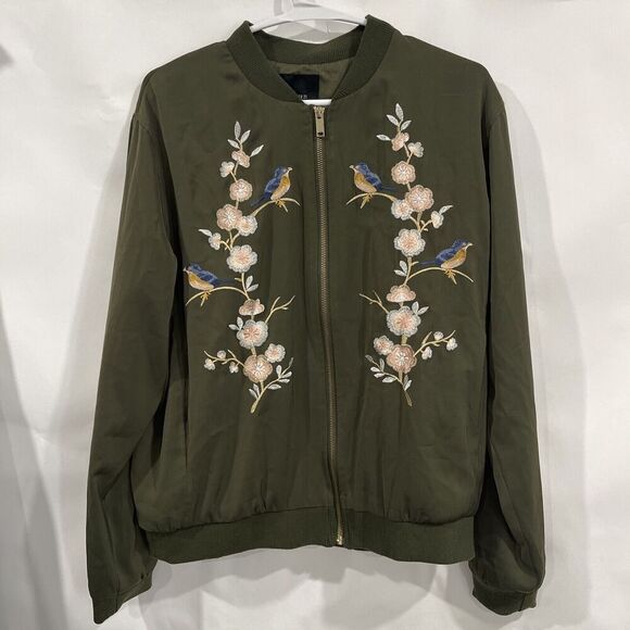 Forever 21 Embroidered Floral Birds Bomber Full Zip Jacket with Pockets Sz M - Picture 2 of 9